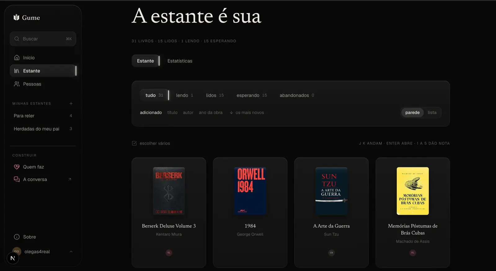 The Gume shelf: book covers on black, each with a one-word rating instead of a score.