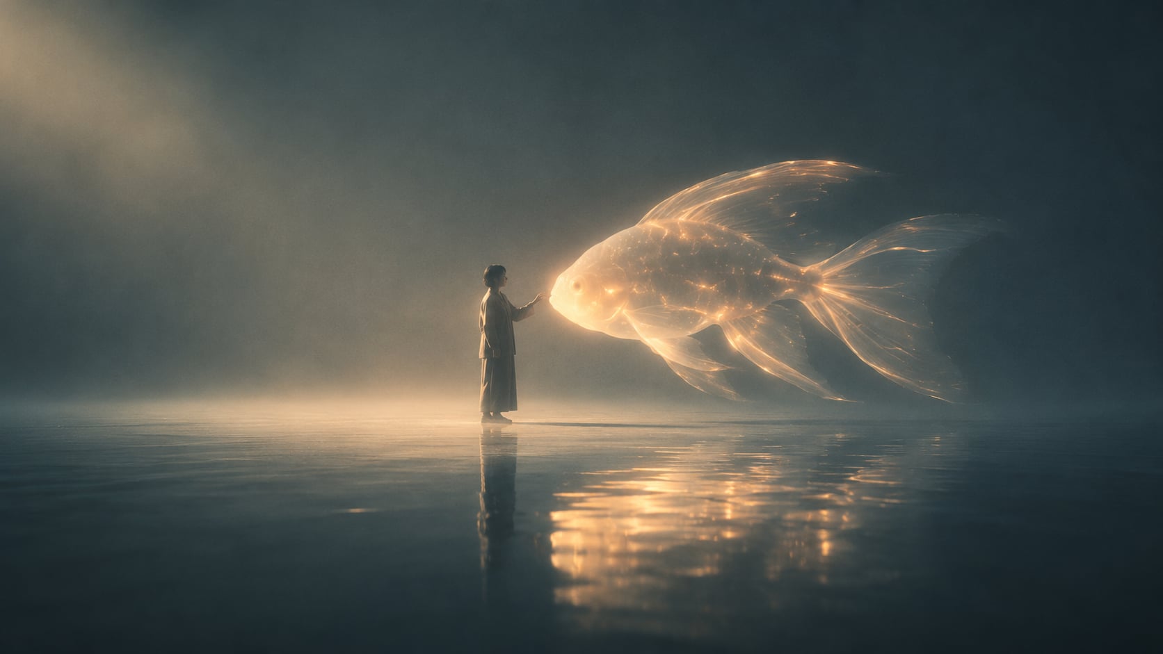 A luminous goldfish drifting above still water, facing a small figure.