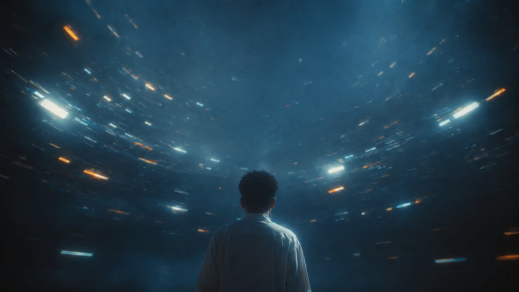 A figure from behind, facing an arena of streaking machine lights.